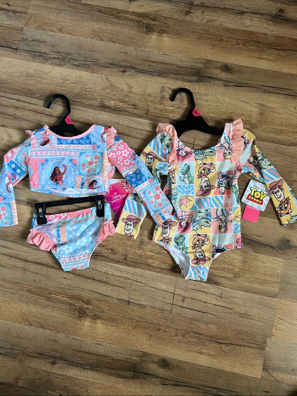 New Disney Kids' Long Sleeve One-Piece Swimsuit - Pink Toy Story, Moana bundle